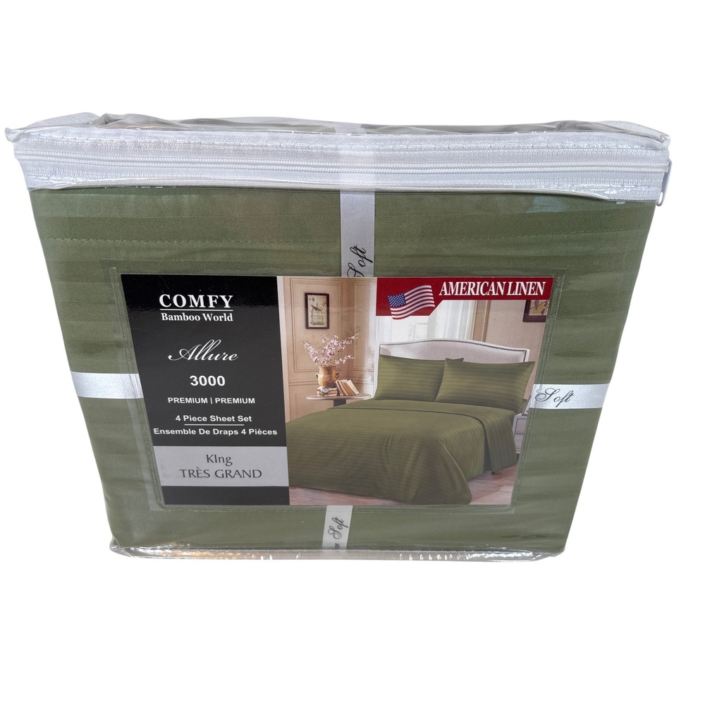 American Linen Allure 3000 King Sheet Set Olive Green Bamboo 4pc Deep Pocket